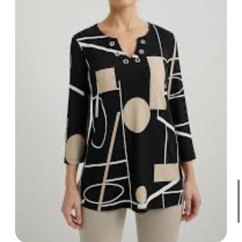 Joseph Ribkoff Black/Tan Geometric Blouse/Tunic V Neck 3/4 Sleeve Sz US14 - Picture 14 of 15